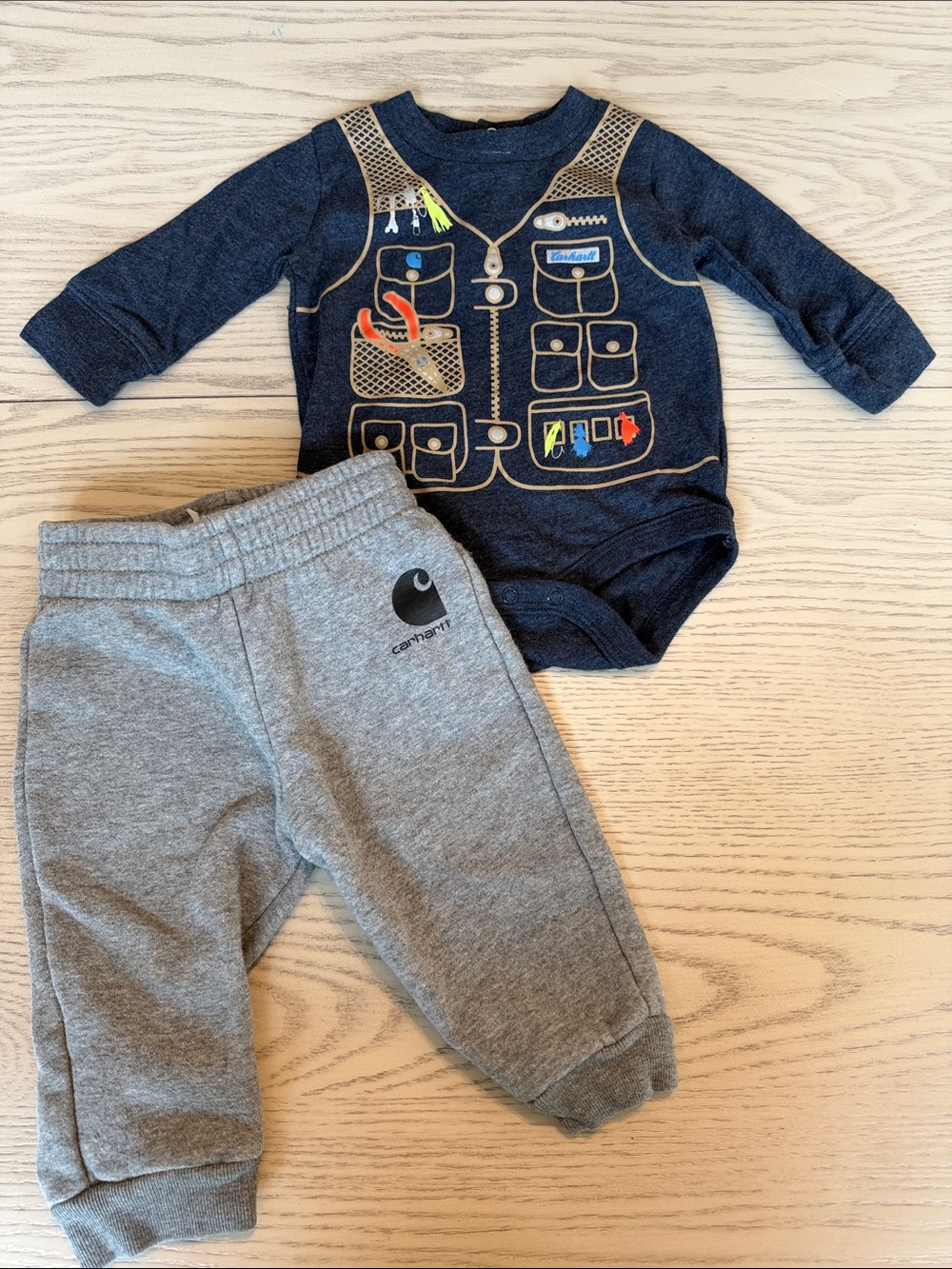 Carhartt Navy Printed Vest Bodysuit with Gray Joggers - Baby Two-Piece Set